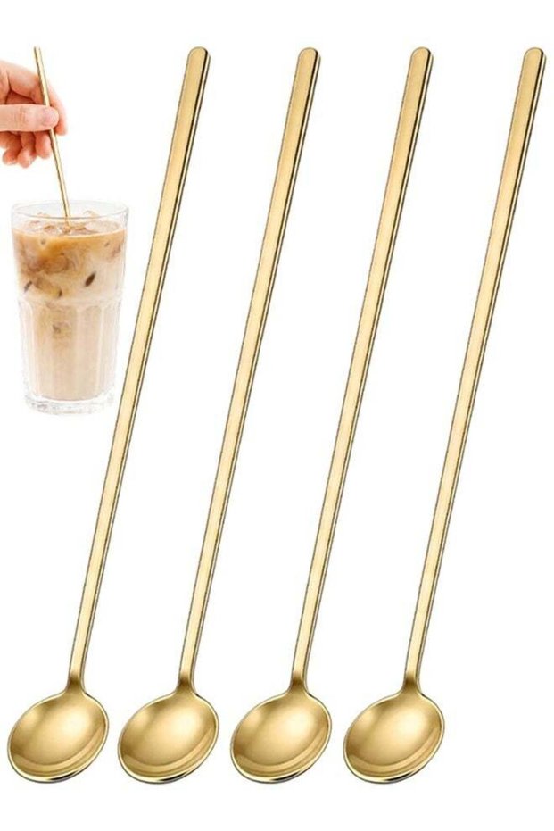 4 PCS Long Handle Stainless Steel Teaspoons, Coffee Bar Accessories Decor, For Stirring Drinks, Mixing Milkshakes