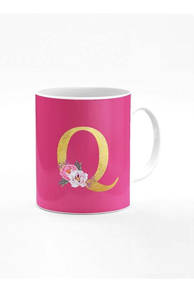 Designer Printed Coffee Mug 11oz Ceramic Personalised Gift Mugs Cup -Custom Monogram Initial Letter Floral Pattern Alphabet - Q (Dark Pink Rose)