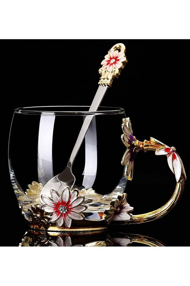Qiccijoo Flower Glass Tea Cup with Spoon Set Coffee Mug，Gifts for Women，Elegant Valentines Day Gifts For Her Anniversary Birthday