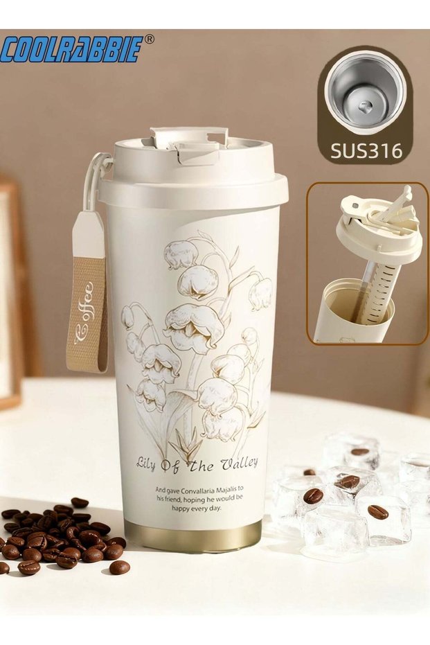 Travel Coffee Mug,Large Capacity Tumbler with Lid and Straw Stainless steel Coffee Thermo,Double Wall Vacuum Insulated Travel Coffee Mug (White(Lily of the valley)