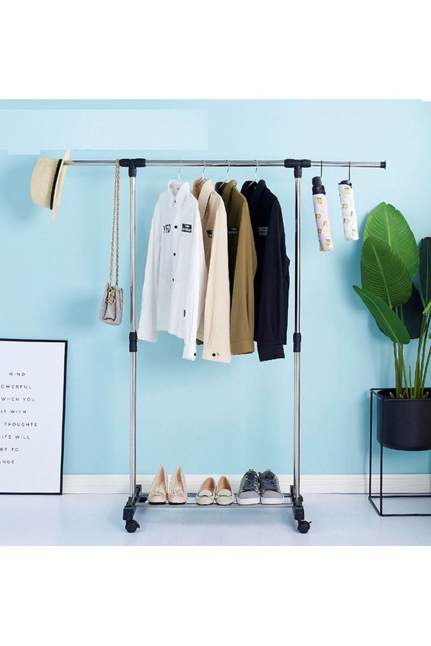 Adjustable Rolling Steel Cloth Hanger Organizer Garment Rack Heavy Duty Rail with Wheel Clothes Storage