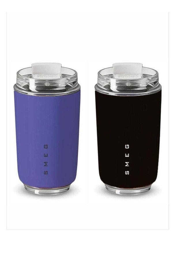 Smeg Travel Mug, Insulated Coffee Tumbler, Leak Proof Stainless Steel Thermal Reusable Coffee Cup, Lightweight And Portable Drink Container For Office Traveling, (Pack Of 2pcs, 350ML, Purple And Blac