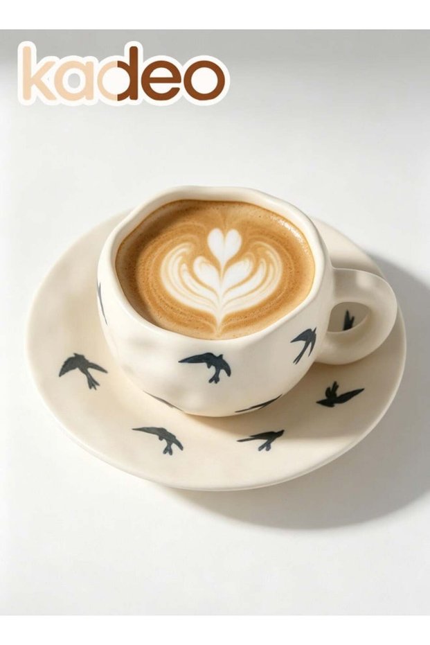 Ceramic Coffee Mug with Saucer, Hand-drawn Bird Pattern Tea Cup, Handmade Water Cup, for Coffee Tea Milk 310ML