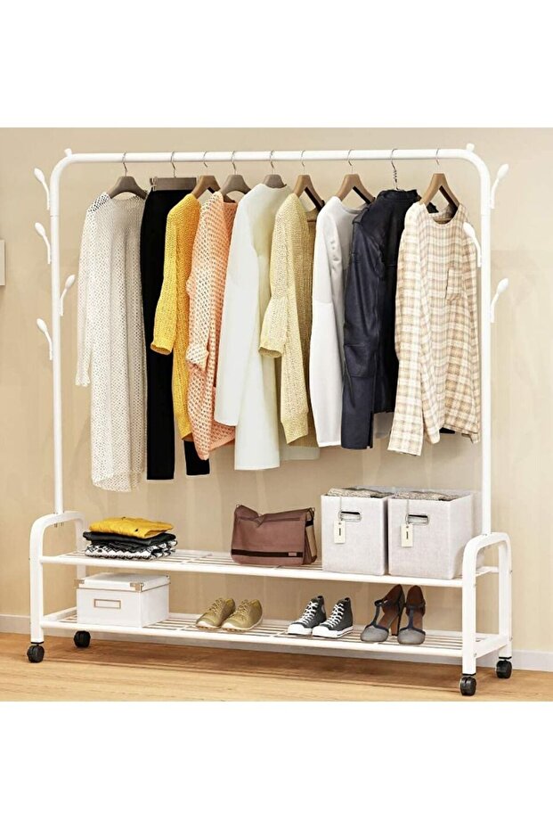 Heavy Duty Metal Garment Rack Rail Rolling Hanging Coat Rack Shelf Stand Closet Organizer Clothes Wardrobe with Wheel Design for Home Bedroom Easy to Assemble