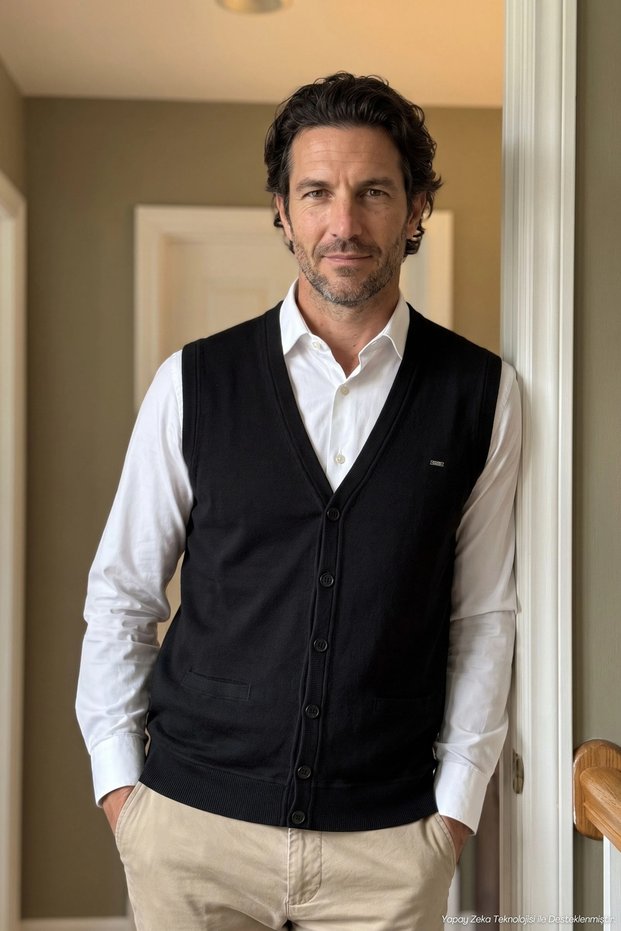 Men's Buttoned Black Vest with Thessaloniki Knit Pockets Classic Model - 5550L