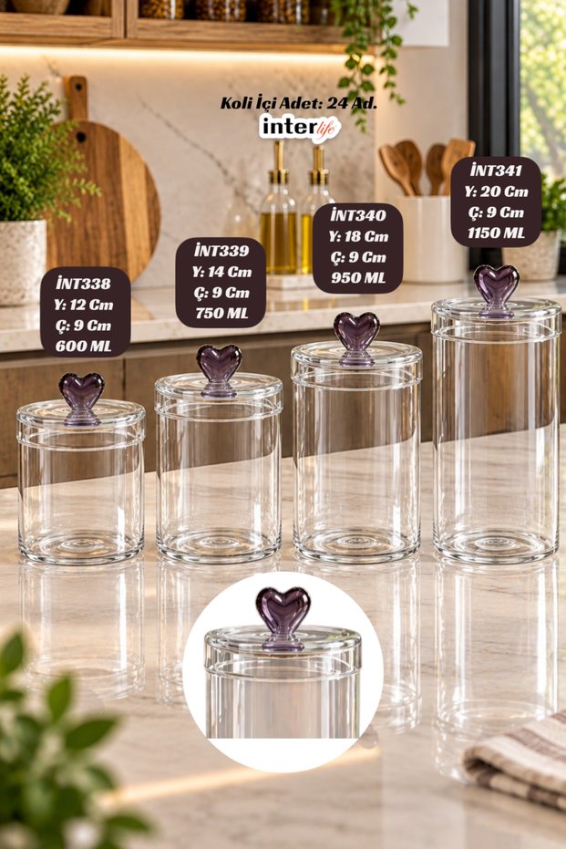 Jar with Heart Lid, Cute Kitchen Glass Food Storage Jar, Full Set of 4