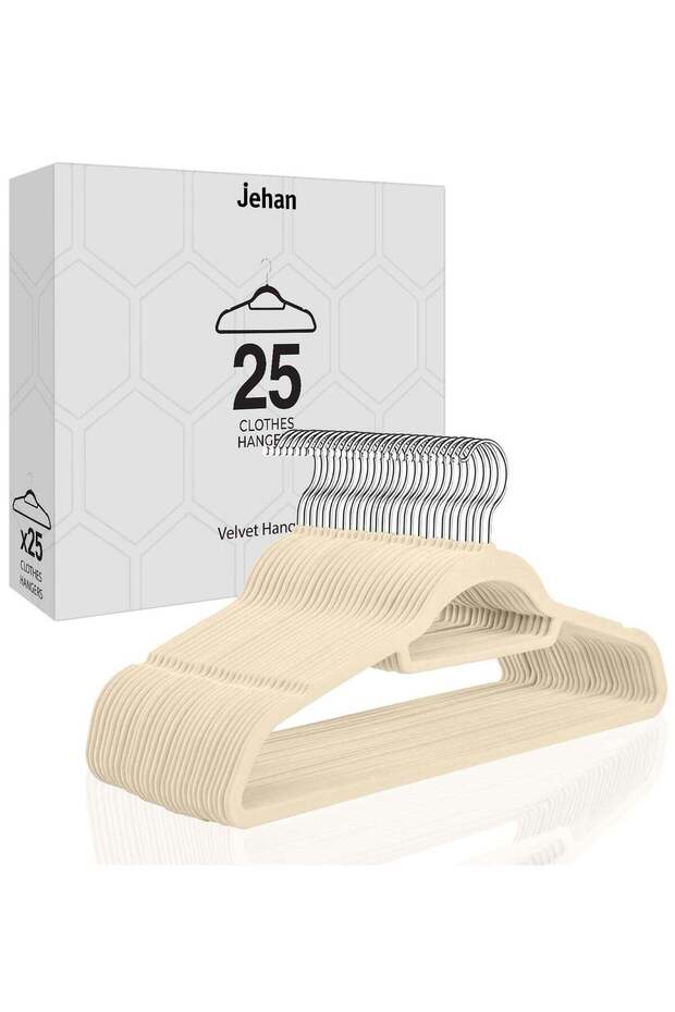 Non-Slip Velvet Hangers 25 Pack, Space Saving Clothes Hanger Set with 360 Degree Swivel Hook, Heavy Duty Hangers for Coats Jackets Pants Dresses, Beige