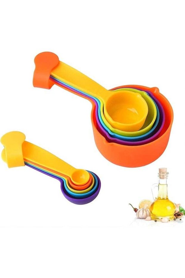 Measuring Cups and Spoons Set, 10 Pieces – Plastic Measuring Cups and Spoons, 5 Cups and 5 Spoons, Colorful Set for Baking and Kitchen (Random Colors)