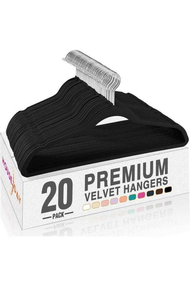 HOUSE DAY Premium Velvet Hangers, Non-Slip Thin Flocked Felt Hangers, Sturdy Clothes Hangers Heavy Duty Coat Hangers & Suit Hangers, Durable Suit Hangers for Closet Space Saving (20 Pack, Black)