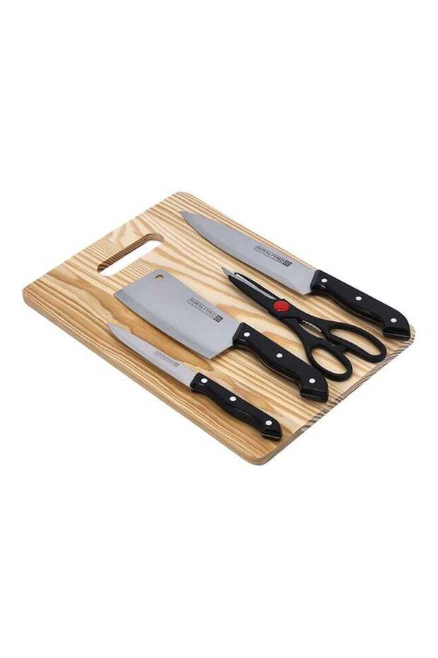 Royalford 35 cm 5-Piece Deluxe Stainless Steel Kitchen Knife Set | Includes Cleaver, Chef Knife, Utility Knife, Scissors, and Cutting Board | Highly Durable, Portable | Ideal for Cooking, Food Prep |