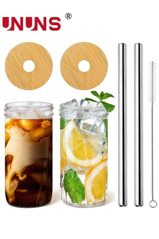 Drinking Glasses Set,2 Pack 24oz Can Shaped Glass Cups With Cover And Straw,Beer Glasses,Iced Coffee Glasses,Travel Coffee Mug Set