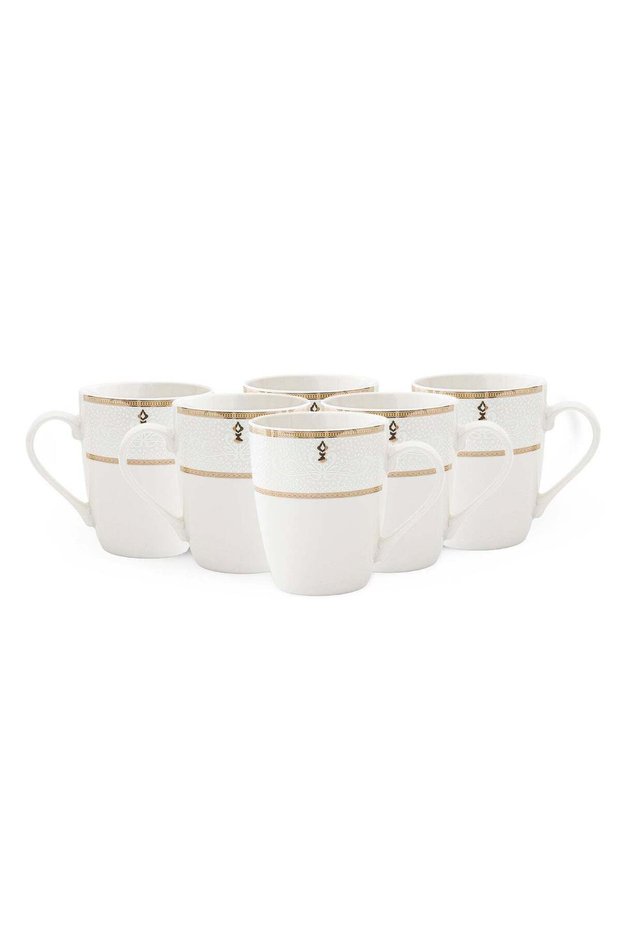 Shallow ZAYA New Bone China Mug 355 ml – Elegant White Coffee & Tea Mug for Daily Use, Brunch, Coffee Station, Ramadan, Eid, Diwali & Gifting (Set of 6)