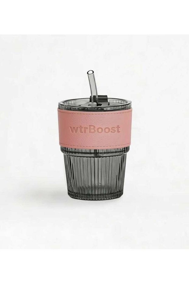 wtrBoost Glass Tumbler Cup With Silicone Sleeve, Heat-Resistant Ribbed Glass, Reusable Lid & Straw, Coffee & Cold Drink Cup – Pink Sleeve