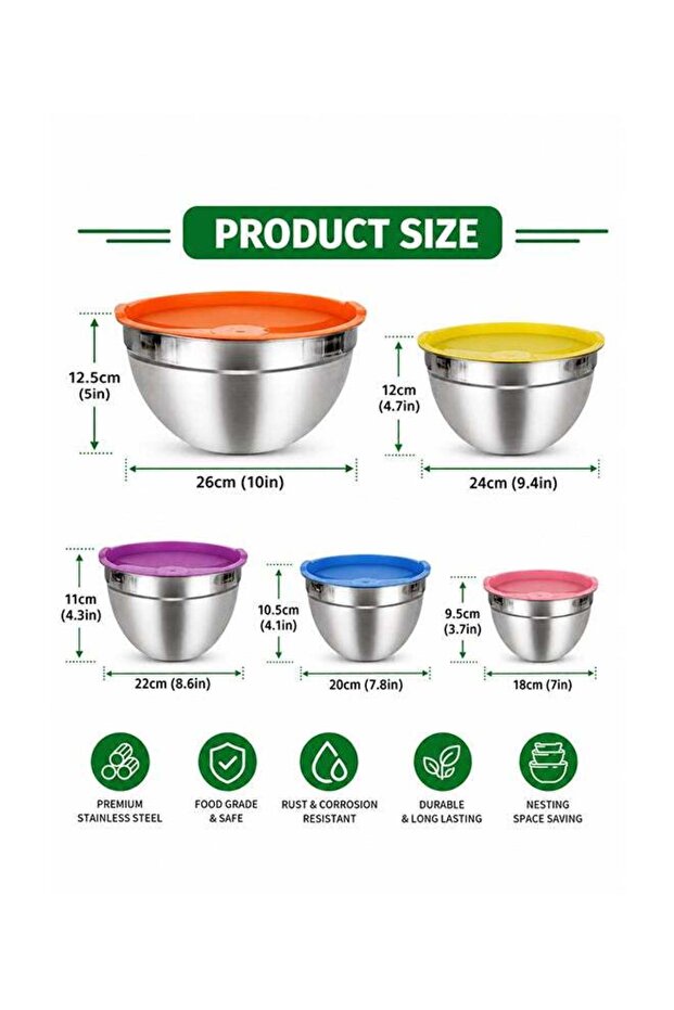 5 Pieces Mixing Bowl, Stainless Steel Set Food Containers, Salad Bowl Food Storage Containers with