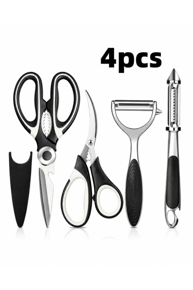 Premium Set of 4-Piece Kitchen Scissors & Peeler Set – Stainless Steel Heavy-Duty Shears, Ergonomic Grip, Durable Design, Black