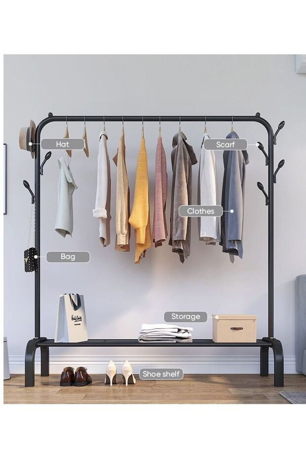 Clothes Rack Metal Garment Racks Heavy Duty Indoor Bedroom Cool Clothing Hanger with Top Rod and Lower Storage Shelf high Storage Rack