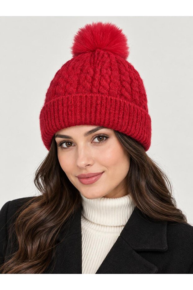 Women's Pompom Beanie, Knitted Patterned Folded Winter Beanie, Trendy Pompom Pinterest Beanie
