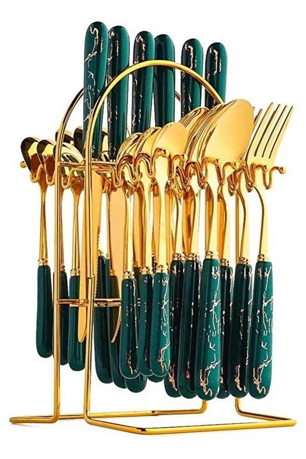 24-Piece Luxury Ceramic Stainless Steel Tableware Set, Including Knives, Spoons, And Forks (Dark Green)