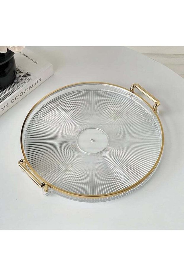 27cm Clear Acrylic Round Serving Tray with Handles, Decorative Organizer for Coffee Table, Snacks, Drinks, Fruit & Home Entertaining (Gold Accents)