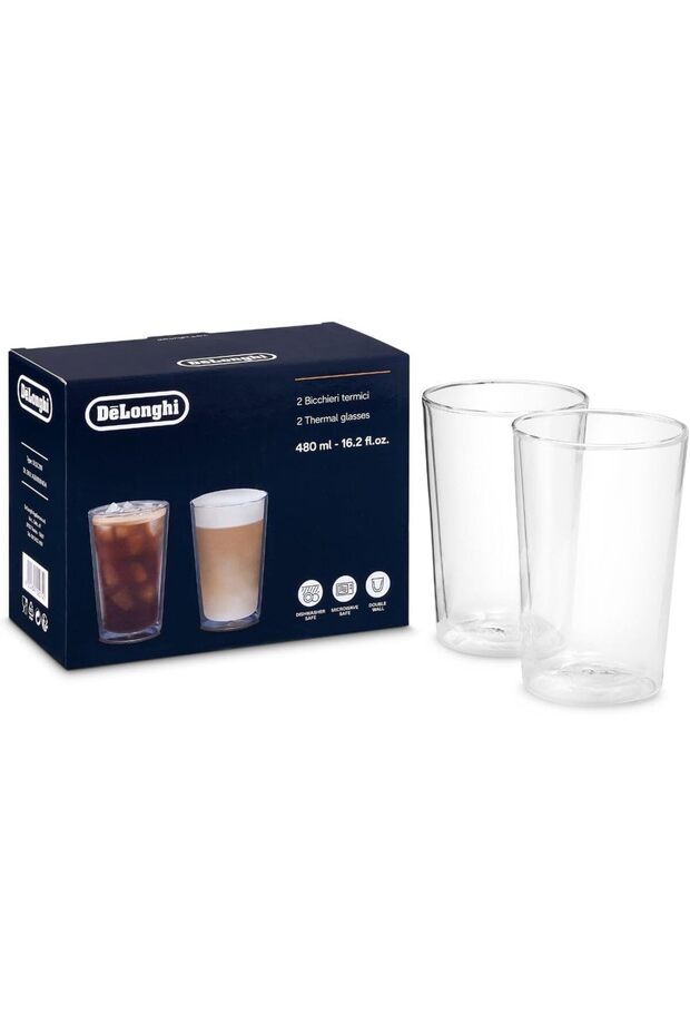 De'Longhi Double Wall Thermal Glasses Set of 2, 480ml, Hand-Blown Borosilicate Glass, Thermal Insulated, Condensation-Free, Dishwasher and Microwave Safe - DLSC319