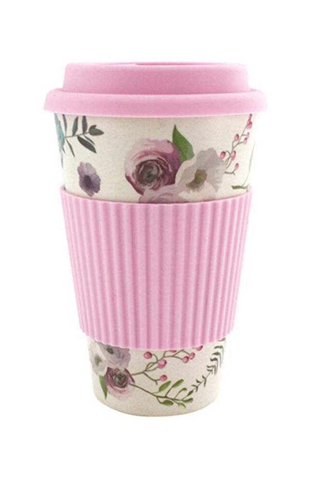 Floral Design Travel Mug With Lid And Sleeve Pink 9.6 x 15.4 x 9.7cm