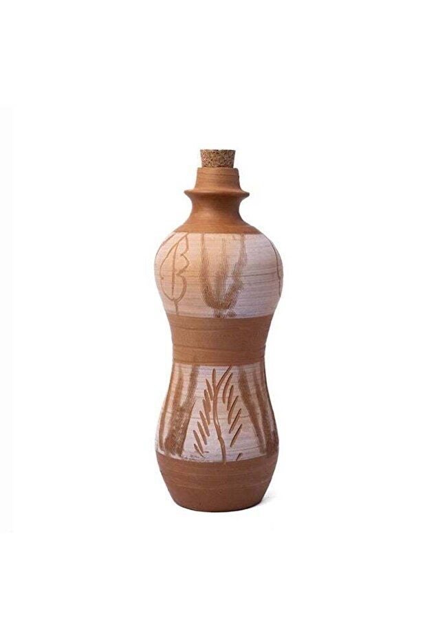 ARK Terracotta Water Bottle Handmade | Mitti Bottle with Cork Stopper | Sculpted Premium Design | Two-Tone Leaf Art Design | Natural Cooling | Eco-Friendly | 800ml