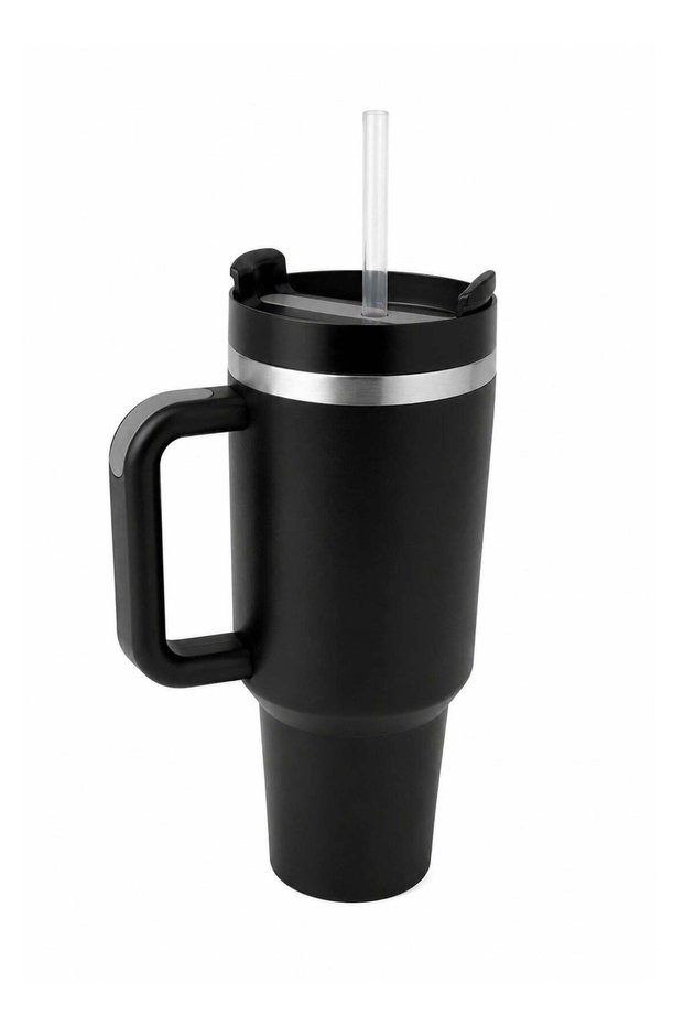 Stainless Steel Vacuum Insulated Tumbler with Handle and Straw – BPA Free Leak Resistant Travel Mug for Water, Coffee, Iced Tea and Smoothies – Cup Holder Friendly Reusable Thermal Flask, Black, 40oz