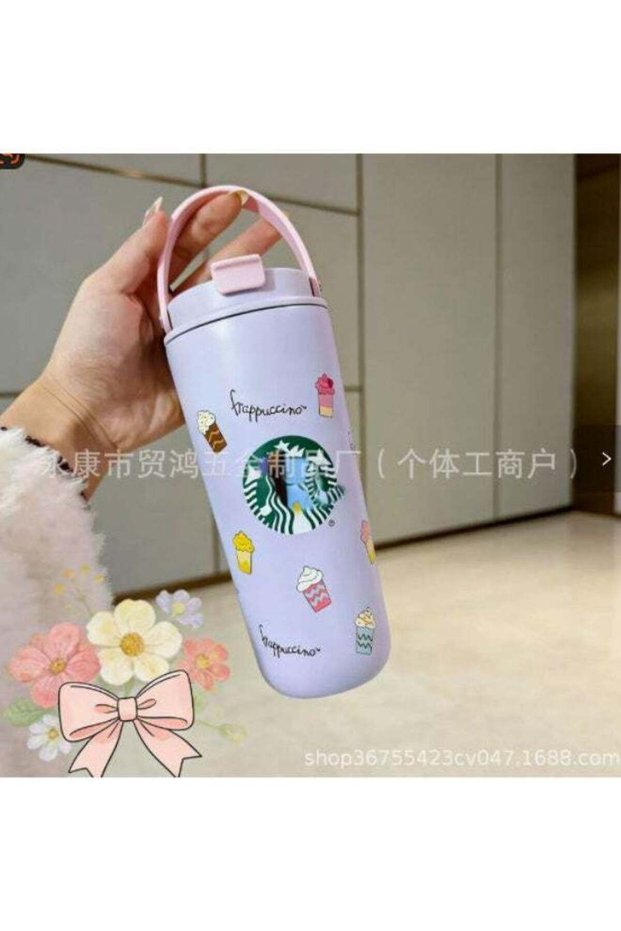 Starbucks Frappuccino Themed 500ml Stainless Steel Insulated Tumbler with Portable Handle, Leakproof Lid, Light Purple