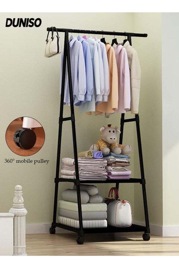 Freestanding Coat Rack with Hooks and Storage Shelf ,Multipurpose Clothes Hanger Organizer with Roller,Suitable for Bedrooms, Balconies and Living room (Black)