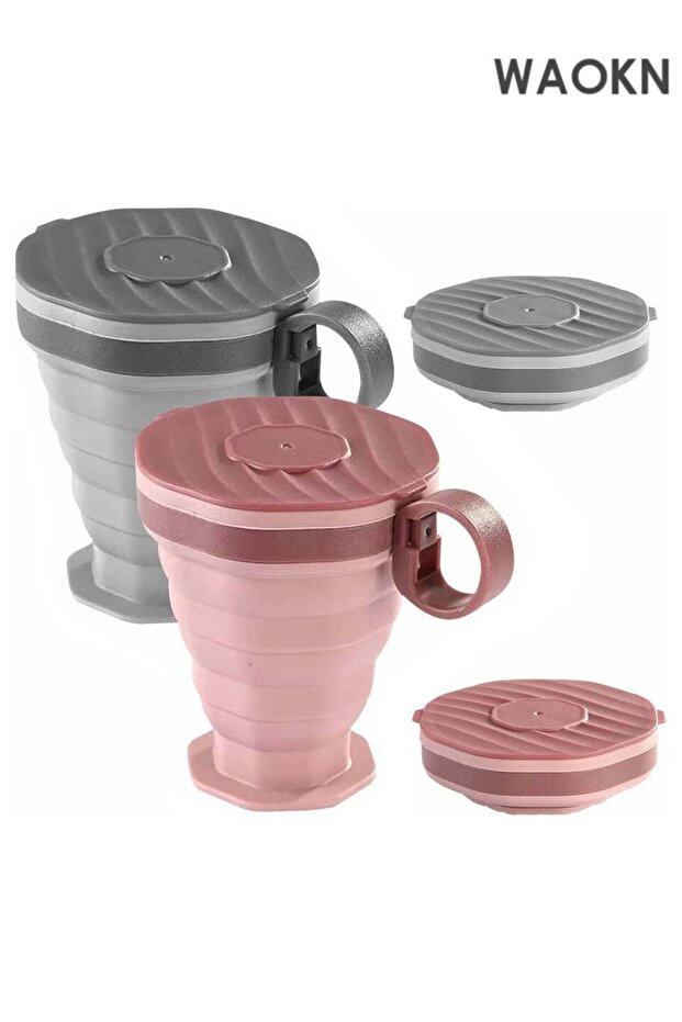 2-Pack Collapsible Silicone Water Bottles - Portable Foldable Travel Cup with Leak-Proof Lid - Pocket-Sized Reusable Coffee Mug for Camping, Hiking, Gym & Outdoor Sports ( Grey/Pink)