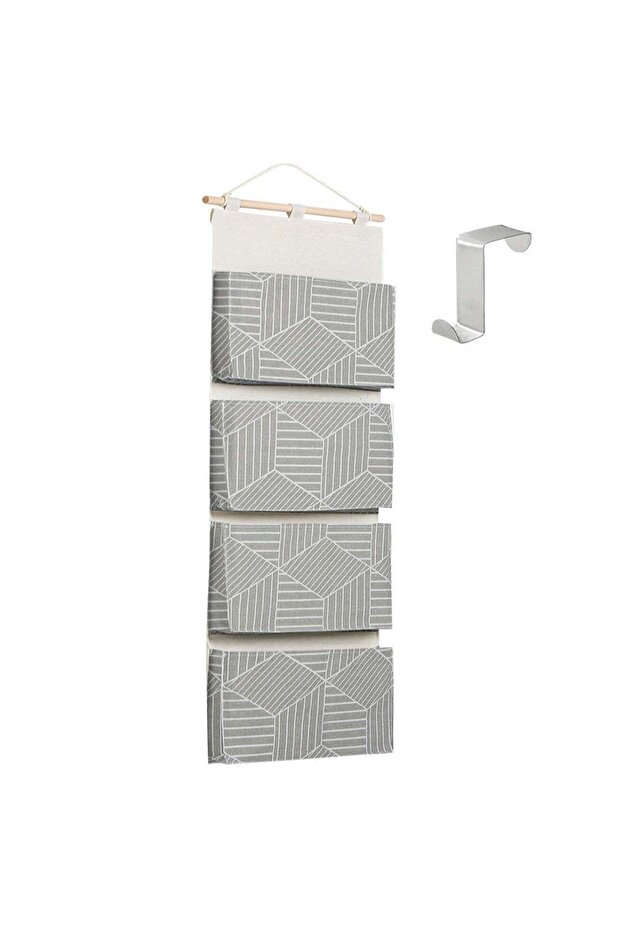 Over Door Hanging Storage Organizer with Four Large Linen Cotton Pockets Waterproof Wall Mounted Multi Purpose Bag for Living Room Bedroom Bathroom Files and Magazines Includes Free Hooks Light Gray