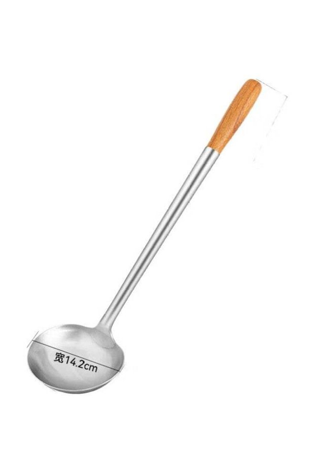 Golden Key Stainless Steel Wok Ladle With Wooden Handle, Commercial Kitchen Chef'S Special Cooking Spoon, 12 Liang Capacity, Gk-Cs1200