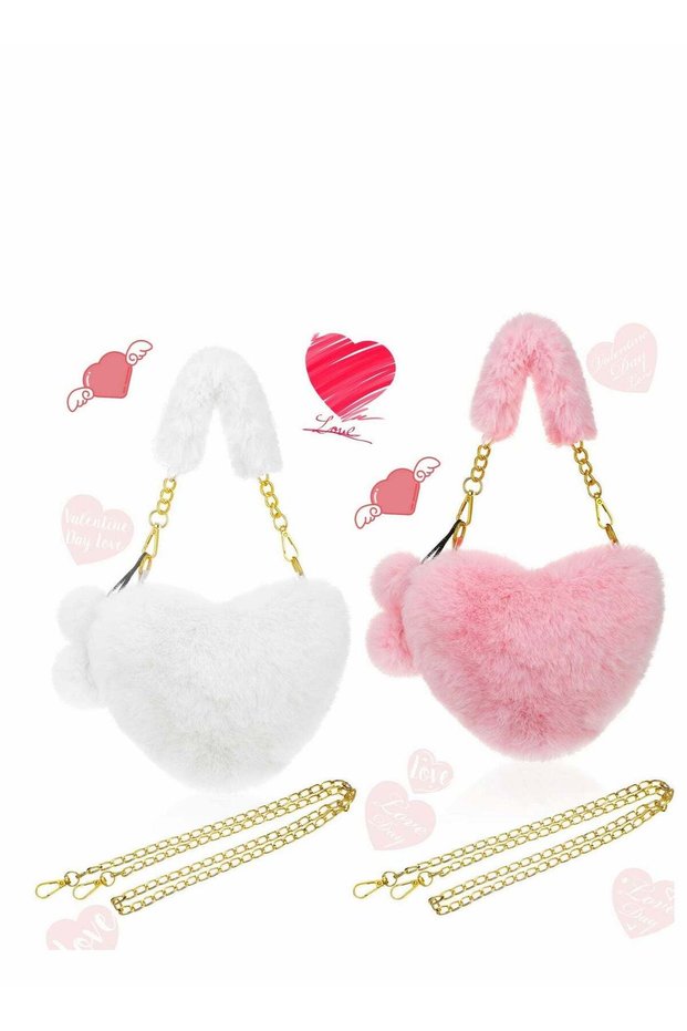 Valentine's Day Furry Purse Soft Fluffy Faux Fur Heart Handbags for Women Girls Valentines Day Cute Present, 2 Pieces