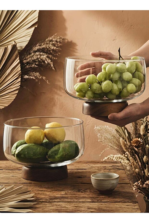 123oz Tempered Glass Trifle Bowl with Acacia Wood Stand,Serving Set for Cakes, Desserts, Salads - D