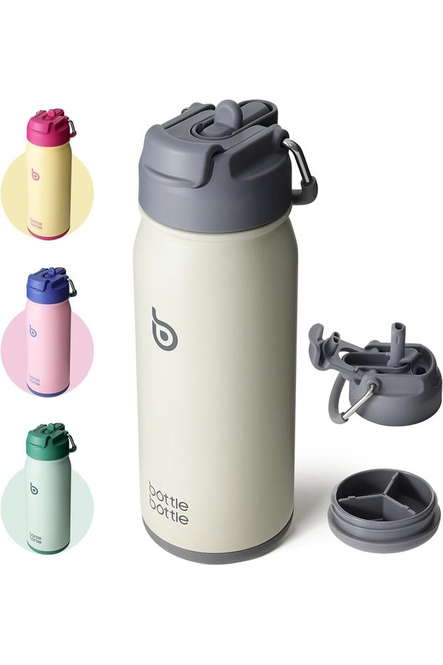 BOTTLE BOTTLE Stainless Steel Insulated Sports Bottle with Straw and Pill Box, 16 oz, Gray