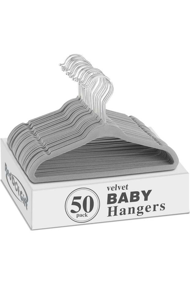 Red Dot Gift 50 Pack Baby Velvet Hangers - Non Slip Toddler Hangers with 360 Chrome Swivel Hook (Grey, 11 Inch)