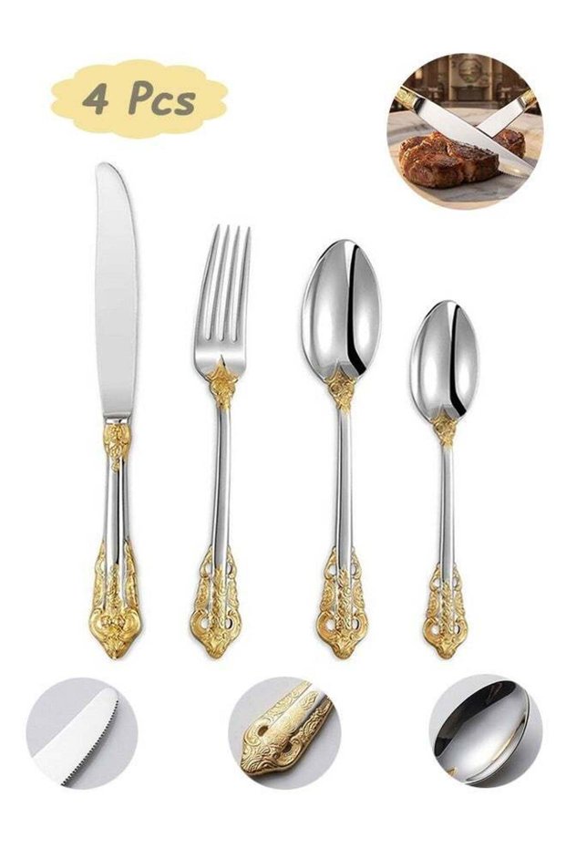4 Pcs Stainless Steel Flatware set with Gold Plated - Vintage Gold Accent Silverware Set - Royal Ornate Silverware Set with Handle Includes Knife Fork Spoon for Weddings Parties and Dining
