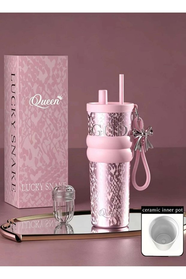 Queen Ceramic Lined Tumbler, Pink 710ML Travel Mug, Reusable Iced Coffee Cup With Straw, Insulated Leak Proof Water Bottle, Keep Hot & Cold