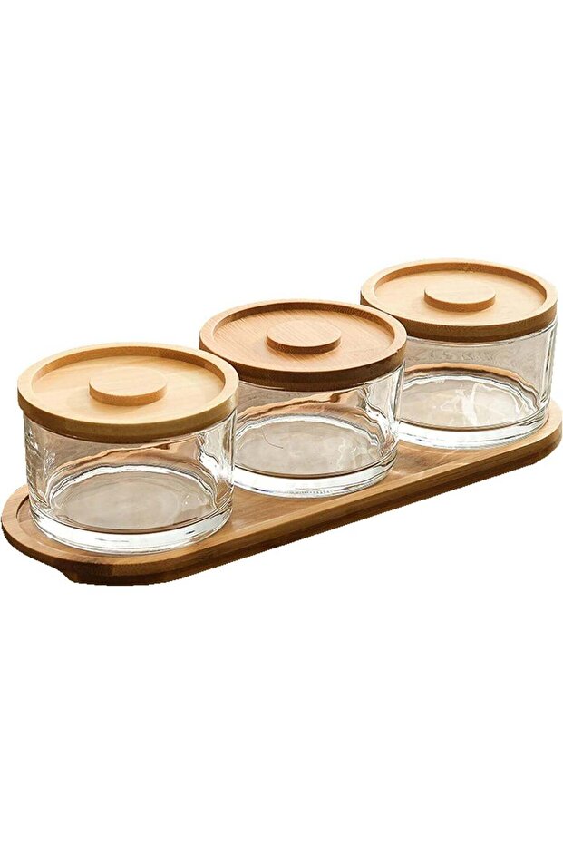 9.5oz Serving Set with Bamboo Tray, Snack Candy Fruit Nut Serving Platter, Small Glass Dipping Ser