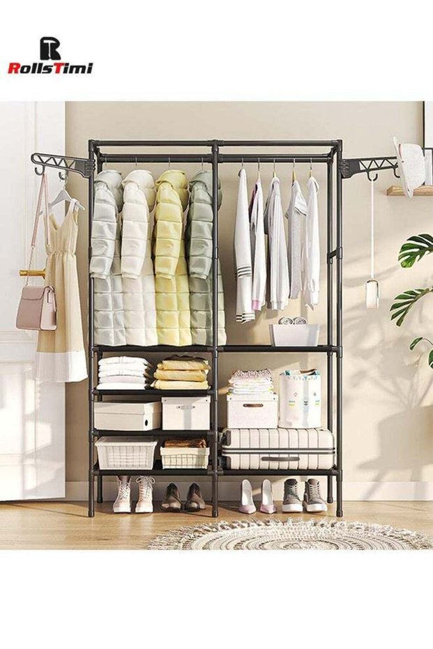 2-Row Carbon Steel Coat Rack, Black Floor-Standing Clothes Organizer with Shoe and Storage Shelves - Ideal for Bedroom & Hallway