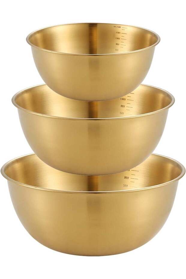 3 PCS Metal Mixing Bowls,Gold Stainless Steel Salad Bowls For Kitchen Prep Salad, Cereal, Ice Cream