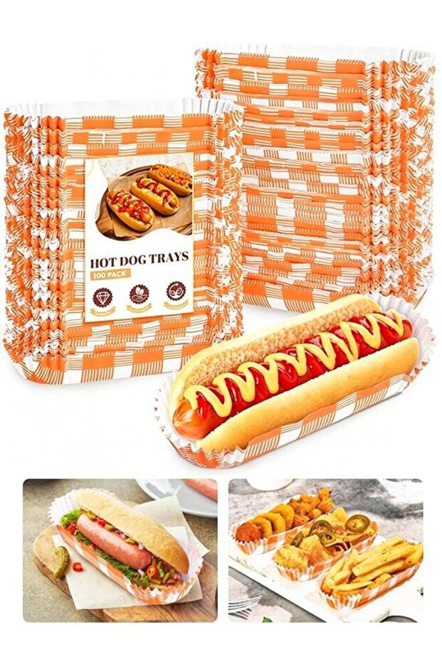 100 PCS Orange Disposable Paper Hot Dog Trays, Fluted Food Boats Holders for Party, Concession Stan