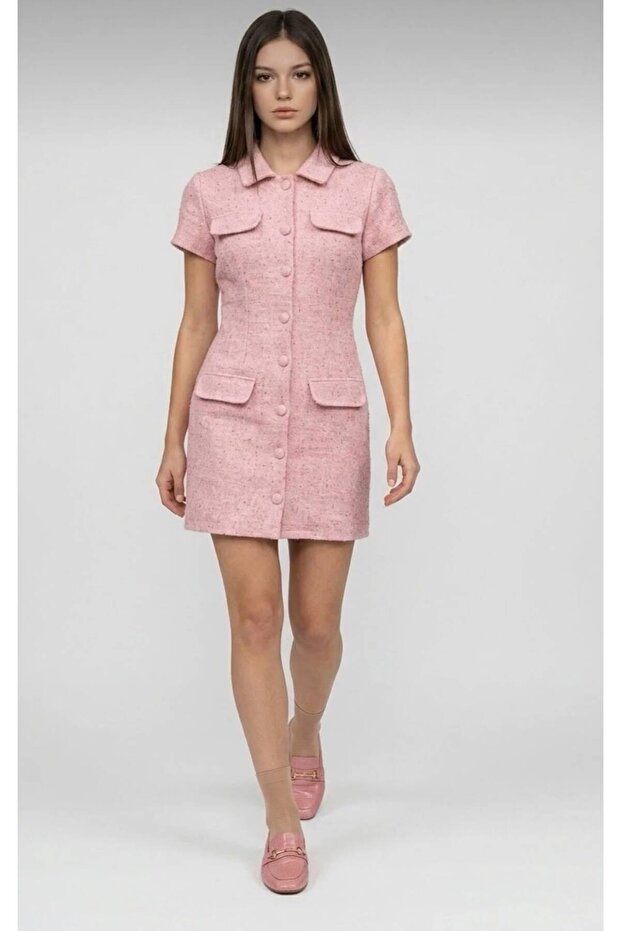 Tweed Covered Button Pocket Flap Paris Dress