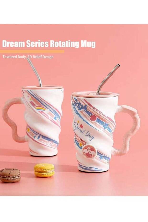 Mug Set w/Lid, Metal Straw - Ceramic Mug with Integrated Tea Bag Rest - Best Friend Coffee Tumbler with Lid and Straw - Reusable Coffee Cup (Mermaid)