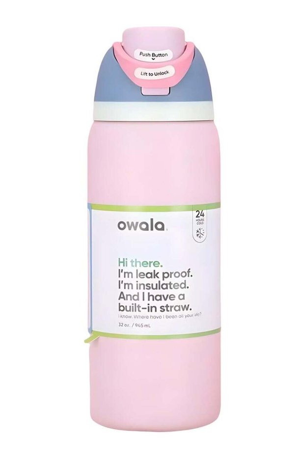 Owala 32 oz FreeSip Insulated Stainless Steel Water Bottle with Straw, Leak-Proof, BPA-Free, Reusable, 1-Pack – Macaron Strawberry (Iced Breeze)