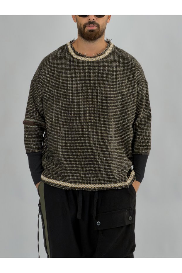 Ribbed sleeve black men's sweatshirt coc3464