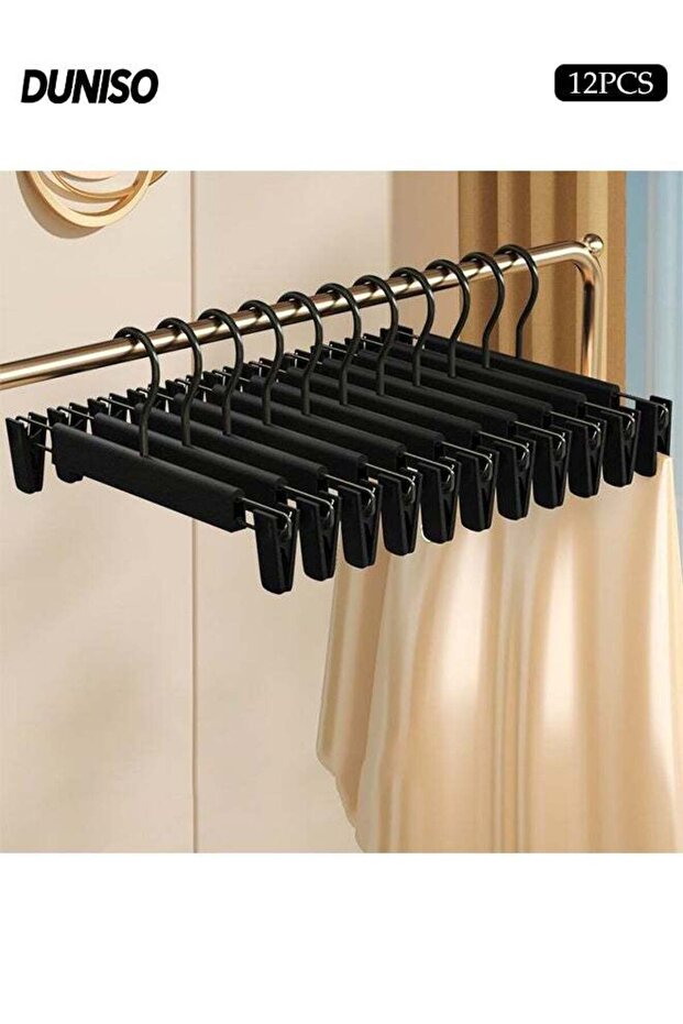 12 Pcs Pants Hangers with Clips,Adjustable Clip Hangers,Space-Saving Clothes Pants Holders with 360 ° Swivel Hooks,for Shorts Bottom Jeans Trouser Leggings Skirts,Black