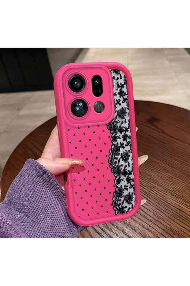 Oppo Find X9 Pro Compatible Pink Red Silicone Case Shockproof Camera Protection Dotted Lace Pattern