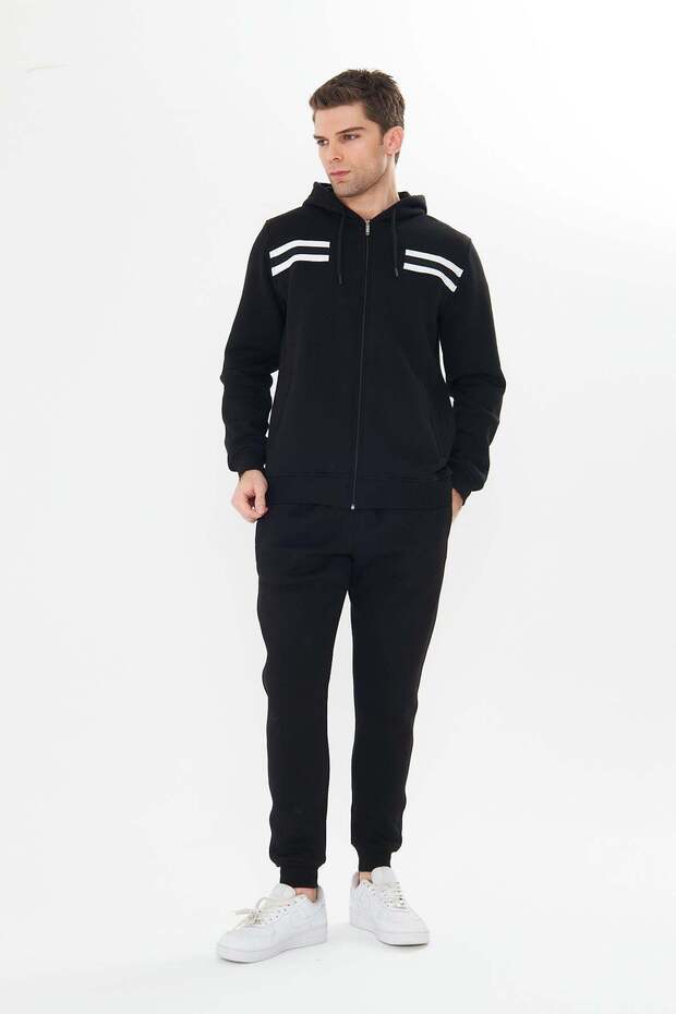 Men's Hooded Stripe Detailed Tracksuit Set Black-9521