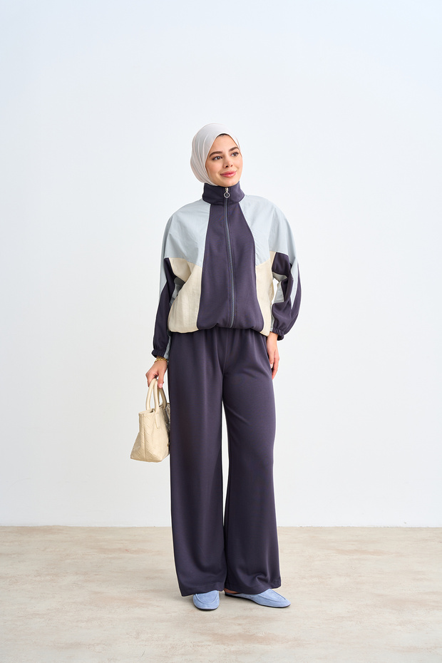 Women's Double Color Detail High Collar Parachute Detail Suit Anthracite